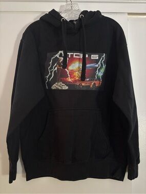 Black Graphic Crewneck Hoodie with Collage Print